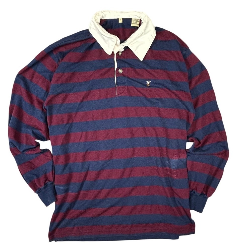 Mens Striped‎ Long Sleeve Rugby Shirt Navy Blue Burgundy White Collar Size M